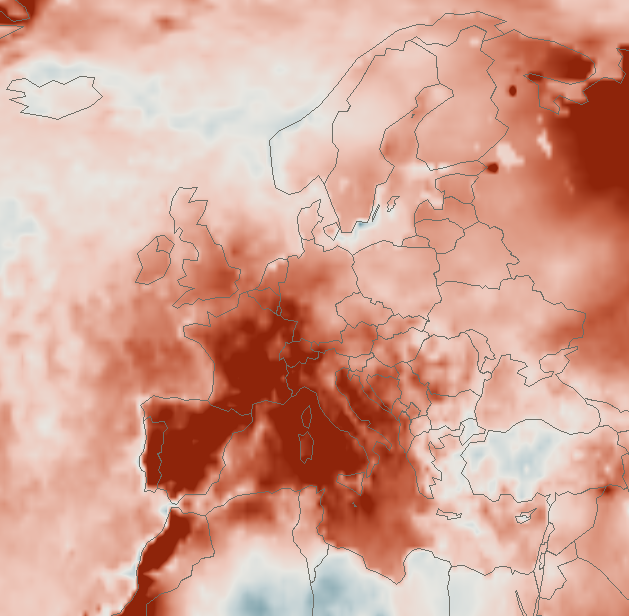 Mapa de Europa, temperatura de 2026 frente a 1991-2020, septiembre: mucho más cálido de lo normal sobre Francia, la península ibérica y el Mediterráneo occidental y central.